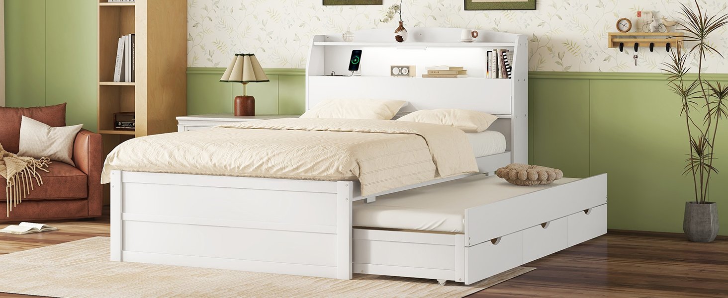 Full Size LED Platform Bed With Trundle With Storage Headboard With Drawers - White - Image 15