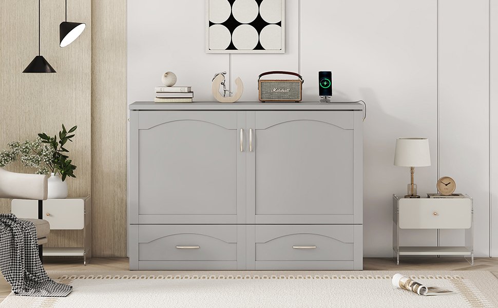 Full Size Murphy Wall Bed With Drawer And A Set Of Sockets & USB Ports, Pulley Structure Design - Gray - Image 14