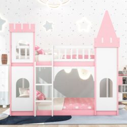 Twin Over Twin Castle Bunk Bed With Ladder - Pink