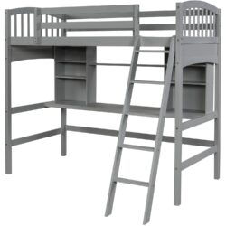 Twin Size Loft Bed With Storage Shelves, Desk And Ladder - Gray