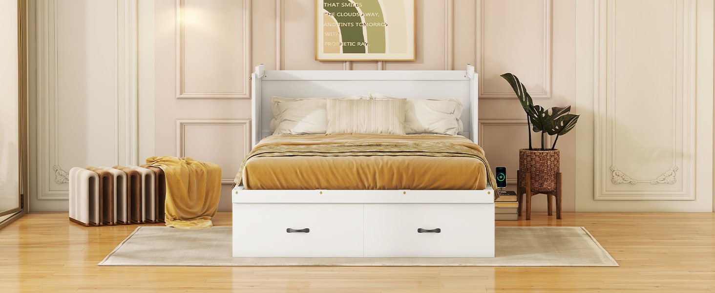 Full Size Murphy Bed With USB Port And A Large Drawer - White - Image 20