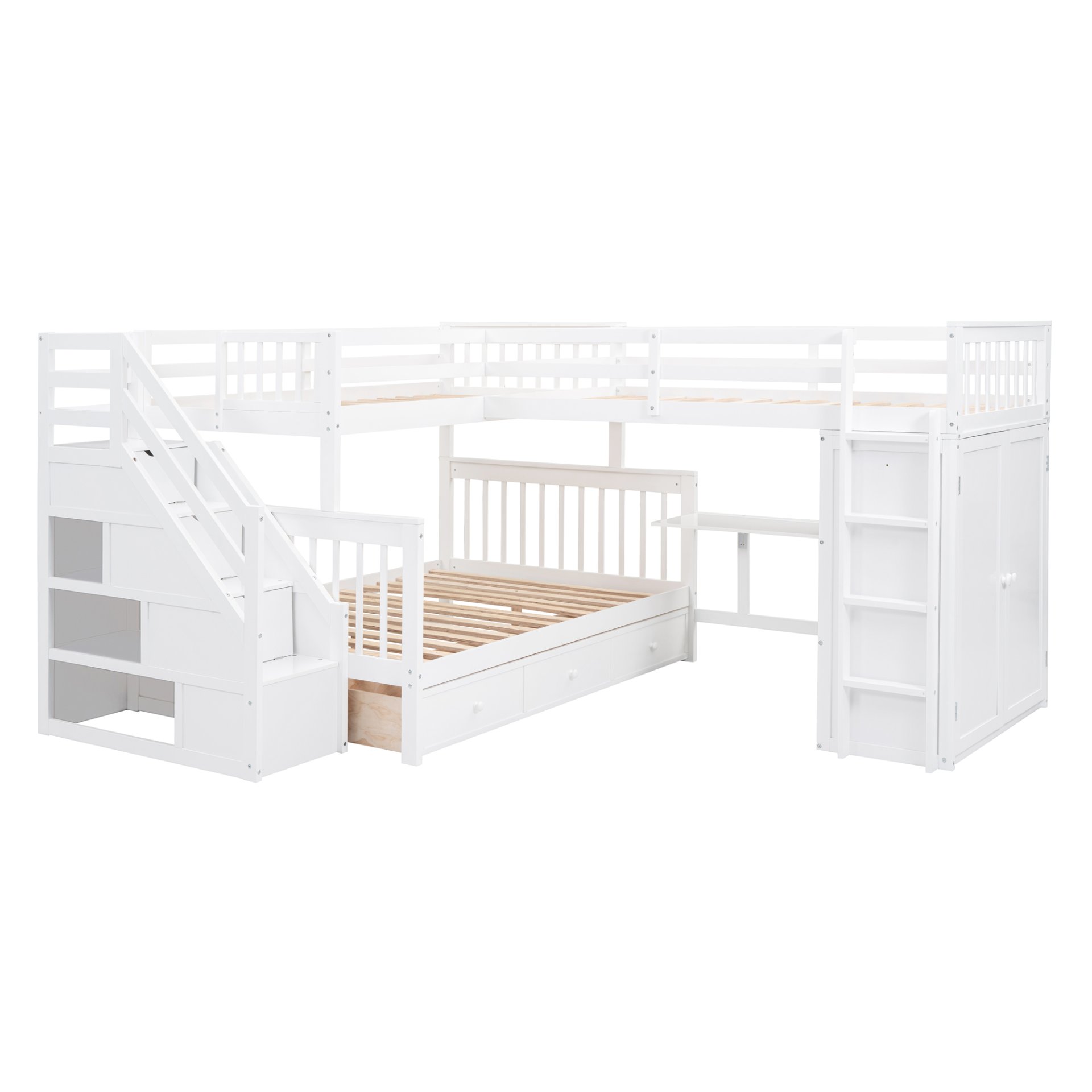 Twin Twin Over Full L Shaped Bunk Bed With 3 Drawers, Portable Desk And Wardrobe - White - Image 12