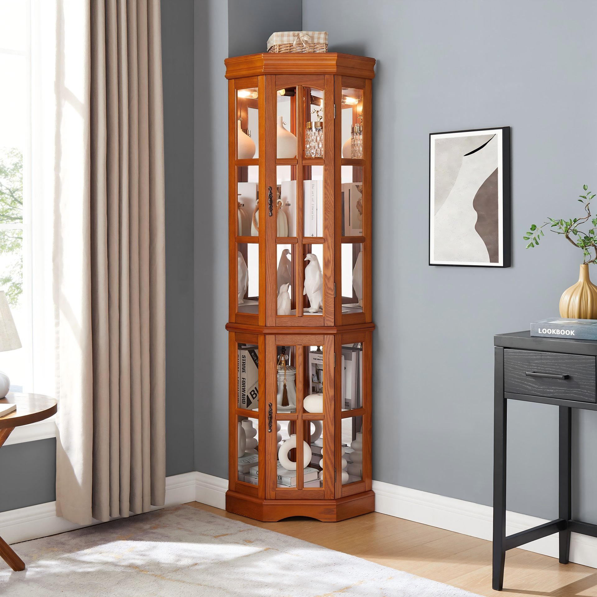 Corner Curio Cabinet With 5 Shelves And Lighting System (E26 Light Bulb Not Included) - Oak - Image 19