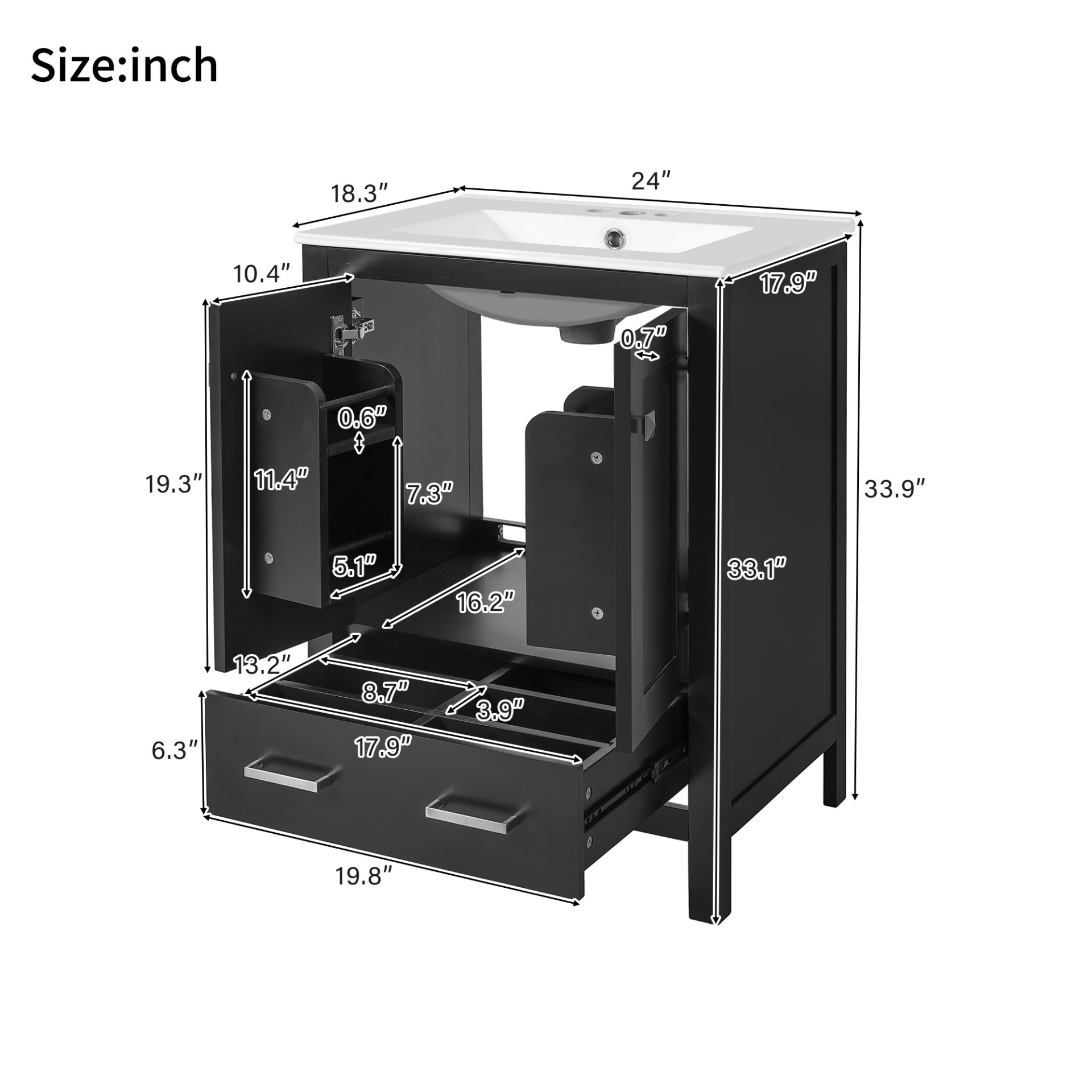 24" Bathroom Vanity With Integrated Undermount Sink, 2 Doors And 1 Drawer, Soft Close Hinges - Black - Image 4