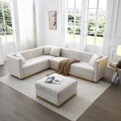 Contemporary Vertical Channel Tufted Velvet Sectional Sofa For Living Room Apartment With Ottoman And 4 Pillows - Beige