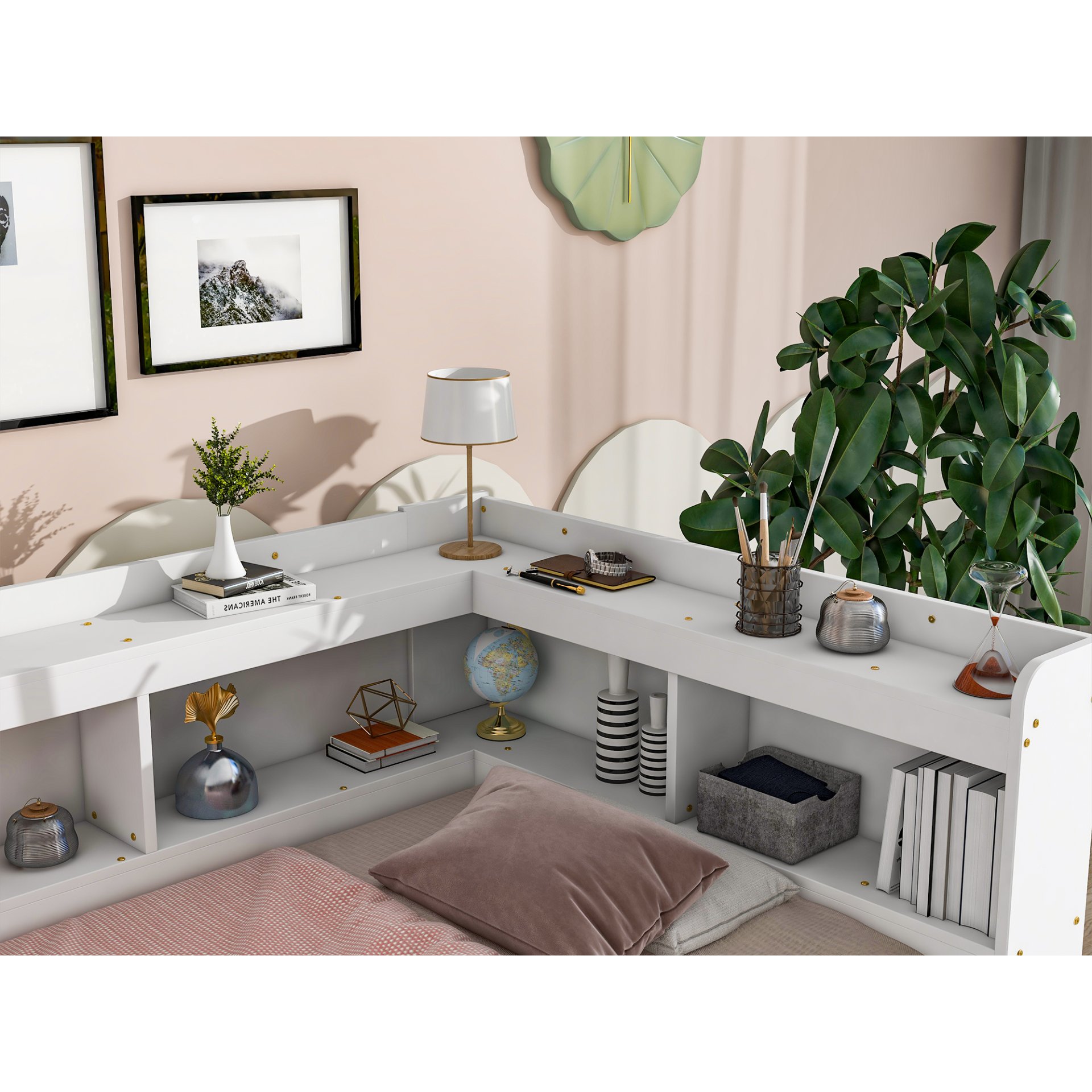 Twin Bed With L-Shaped Bookcases, Drawers - White - Image 6