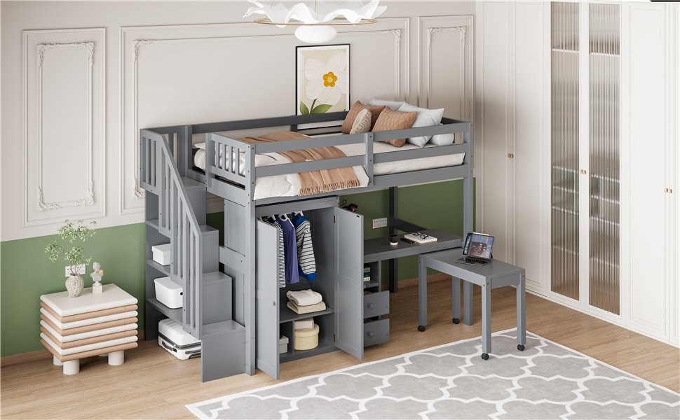Twin Size Loft Bed With Stairs, Bookshelf, Drawers, Desk & Wardrobe, Space Saving Multifunctional Furniture - Gray - Image 20