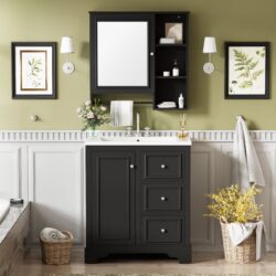 Bathroom Vanity With Sink, Modern Elegant Bathroom Storage Cabinet With 3 Drawers And Adjustable Shelves, Freestanding Vanity Set With Mirror Cabinet, Single Sink Bathroom Vanity - Black