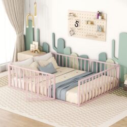 Queen Size Floor Bed Frame With Fence And Door - Pink