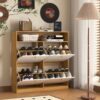 Shoe Storage Cabinet With 4 Flip Drawers And Wooden Handle For Entryway - Natural - Image 8