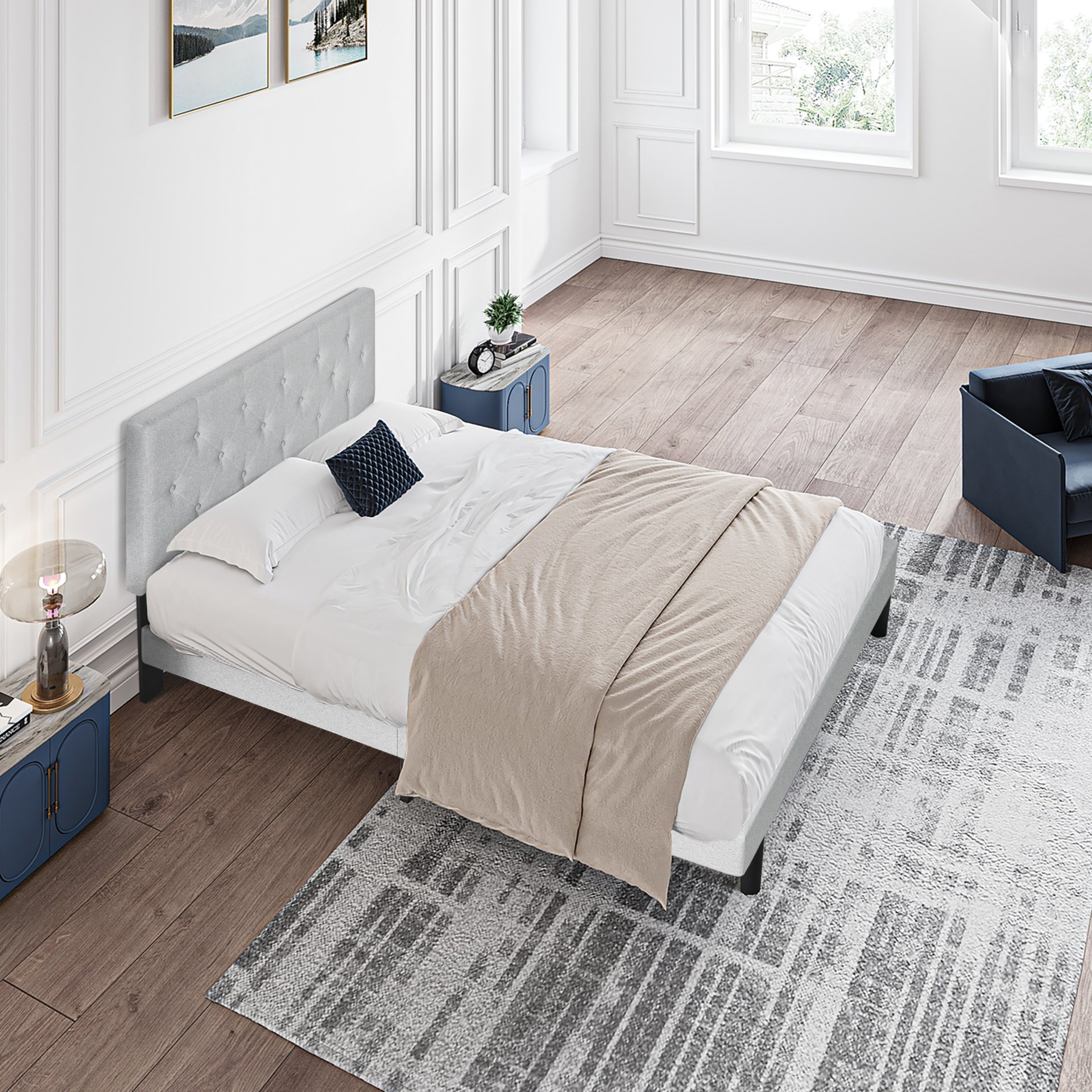 Modern Twin Size Upholstered Platform Bed Frame With Button Tufted Linen Fabric Headboard - Light Gray - Image 2