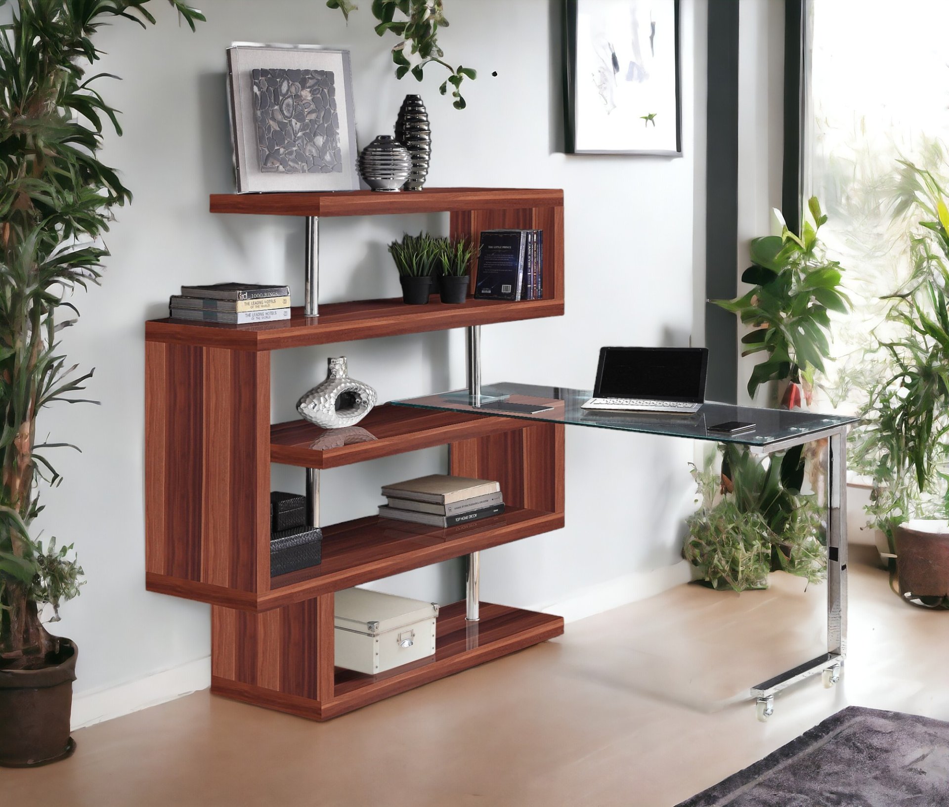 Buck II - Clear Glass, Chrome High Gloss Writing Desk With Shelf - Walnut - Image 7