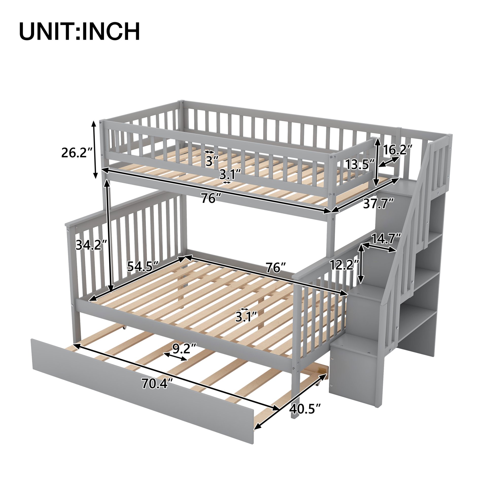 Twin Over Full Bunk Bed With Trundle And Staircase - Gray - Image 3