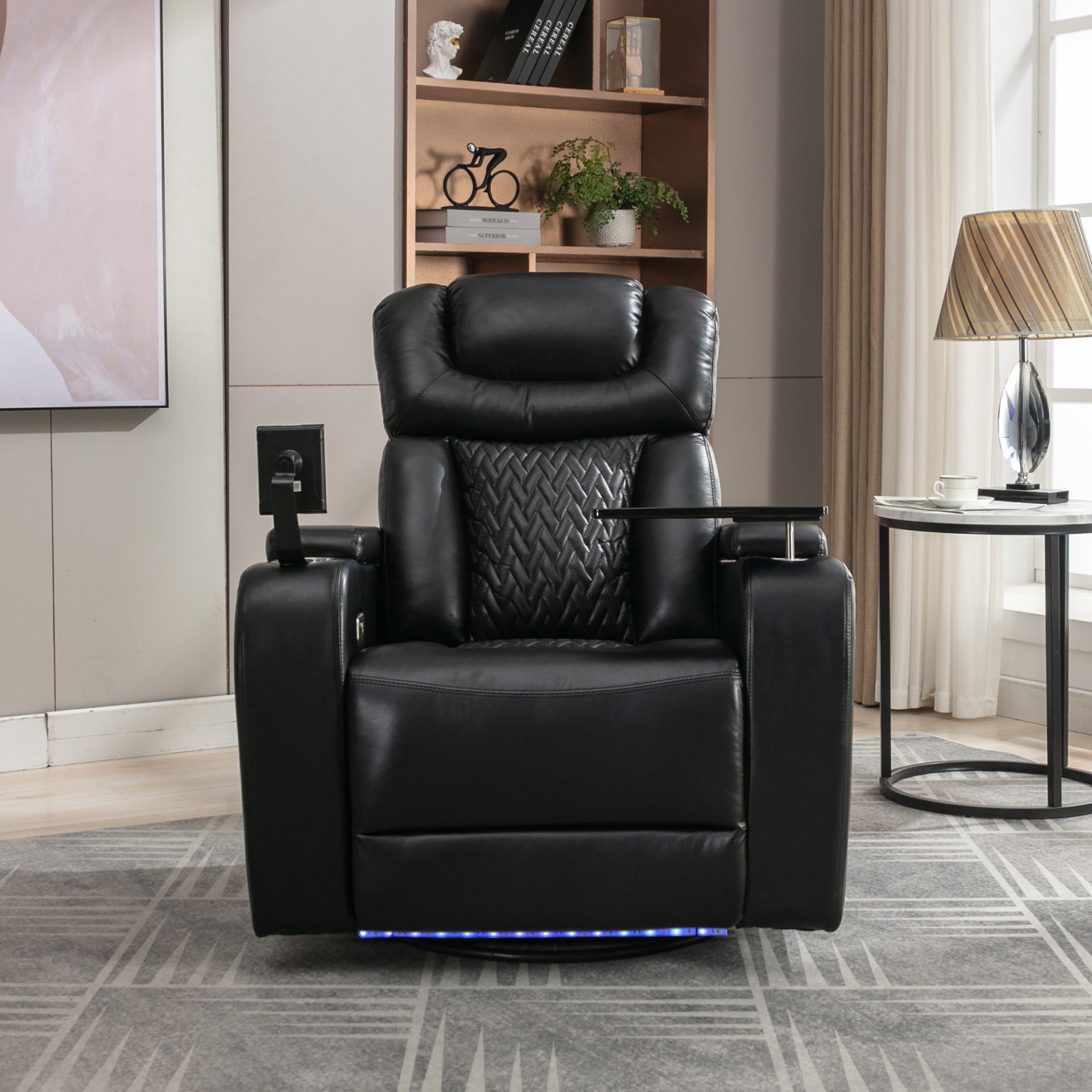 Home Theater Recliner With 270 Degree Swivel, Tray Table, Phone Holder, Cup Holder & USB Port - Black - Image 3