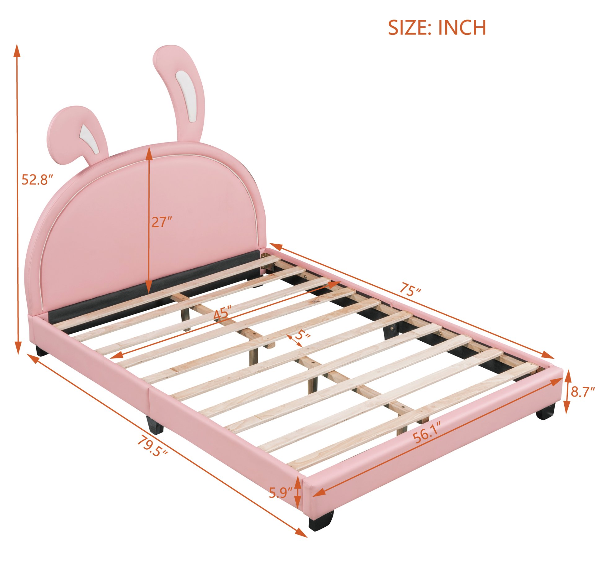 Full Size Upholstered Leather Platform Bed With Rabbit Ornament, Pink - Image 6