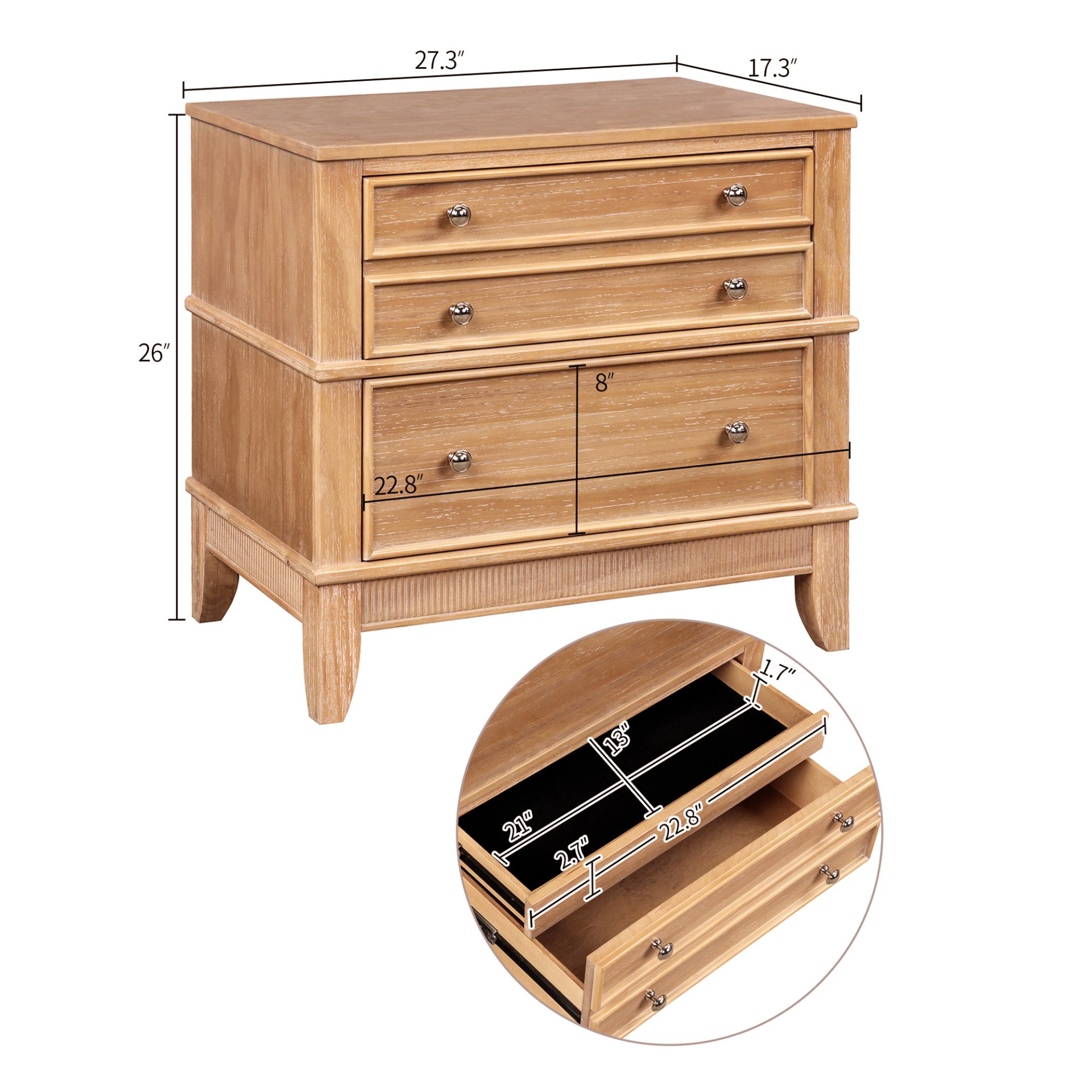 Hazel - 3 Drawer Side Table For Living Room, Hallway, Entryway Solid Wood With Silver Handles - Natural - Image 3