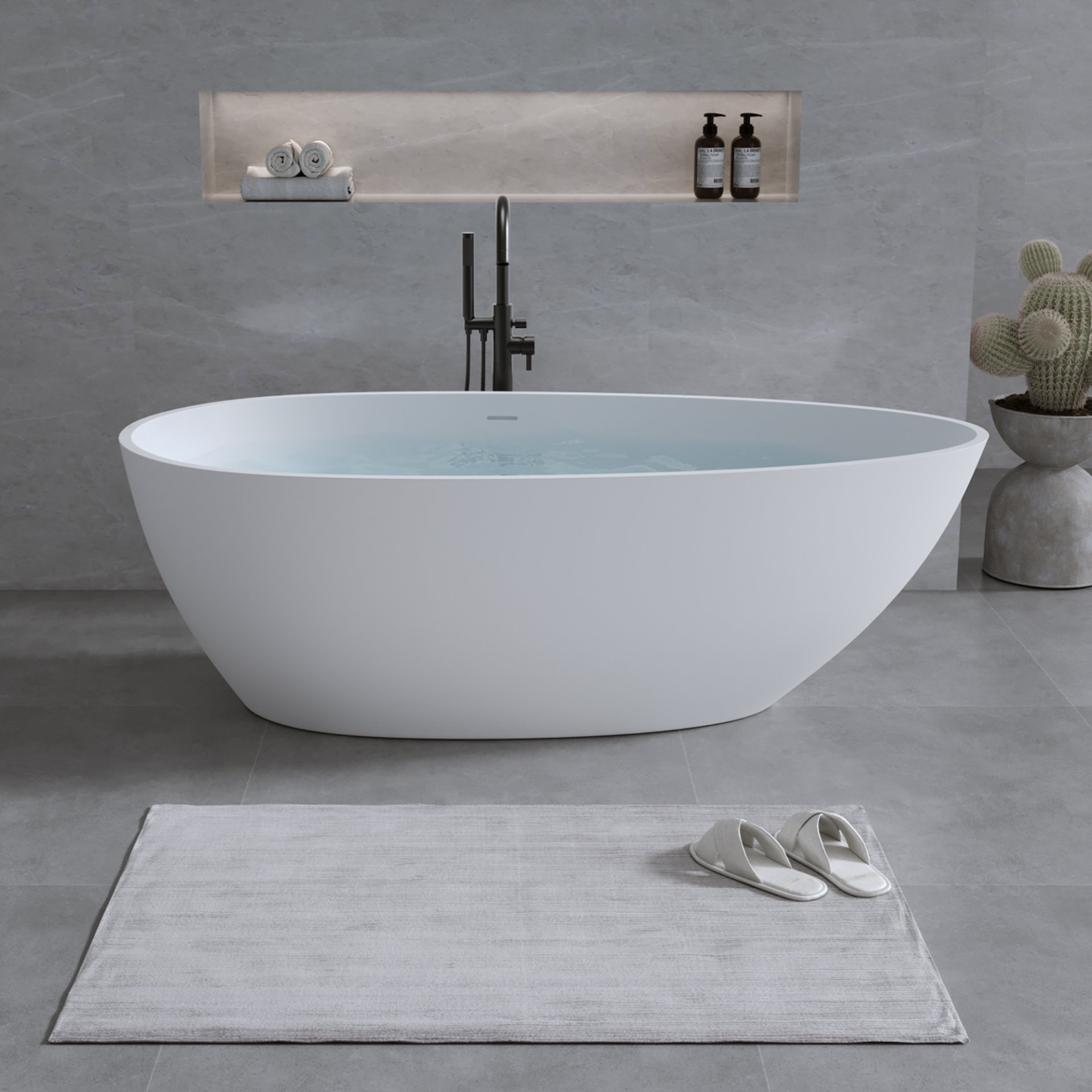 Solid Surface Matte Tub, Freestanding Solid Surface Resin Stone Bathtub, Solid Surface Matte White Soaking Tub, Free Standing Tub With Overflow And Pop-Up Drain - Matte White - Image 2