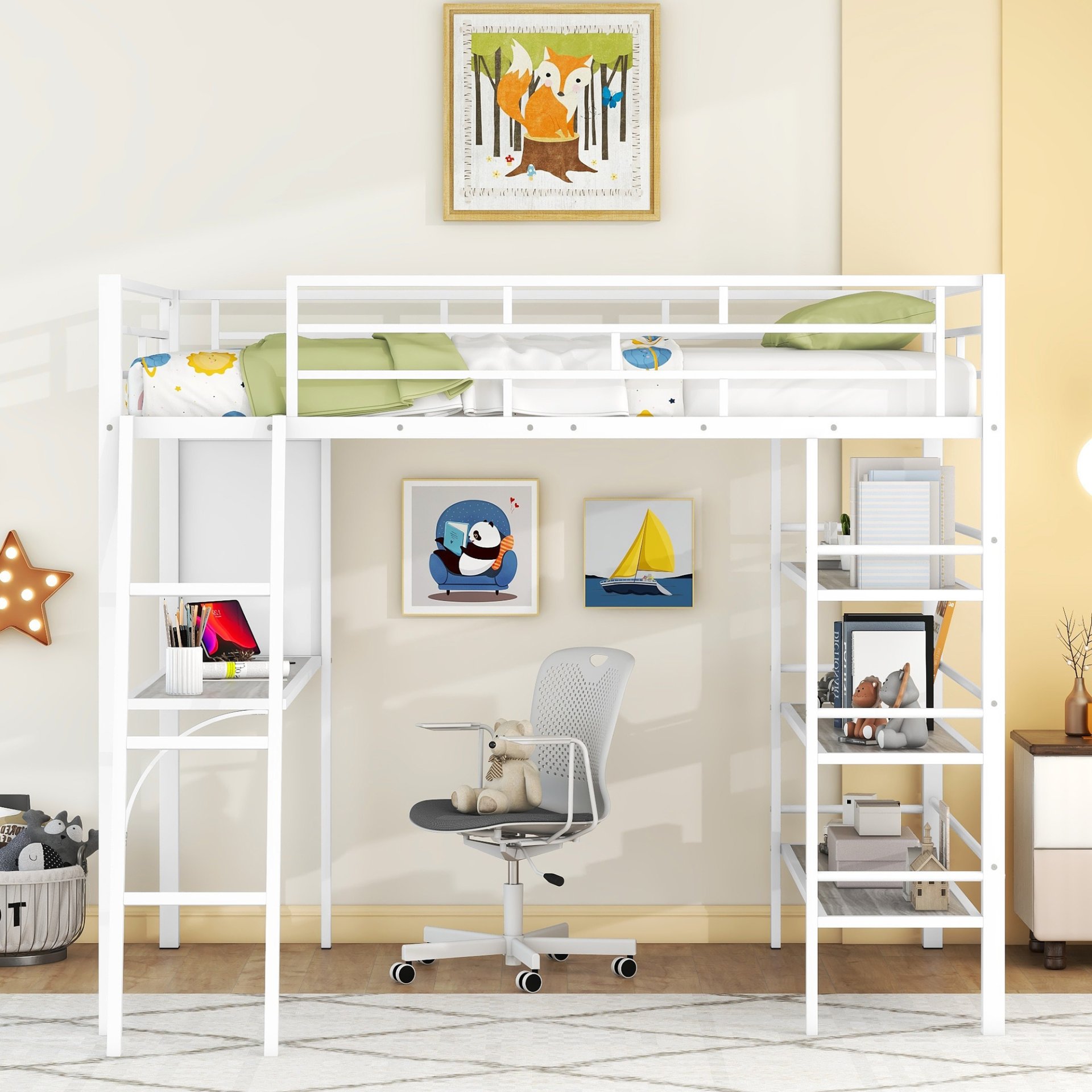 Full Size Loft Bed With 3 Layers Of Shelves And Desk, Stylish Frame Bed - White - Image 2