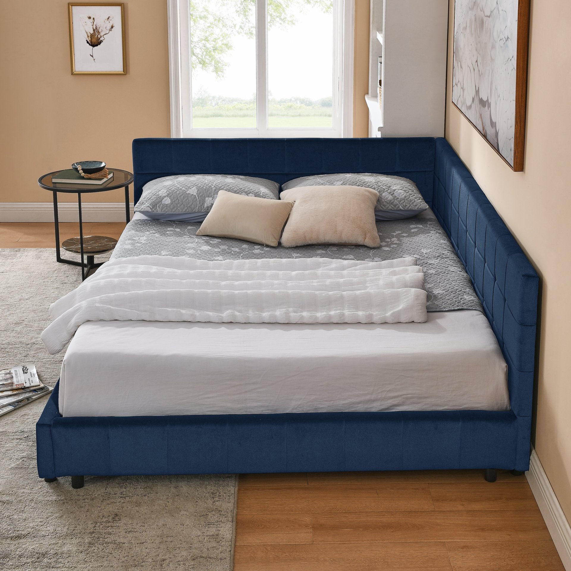 Mid Century Upholstered Tufted Queen Size Bed Frame With Backrest And Armrests Velvet - Dark Blue - Image 5