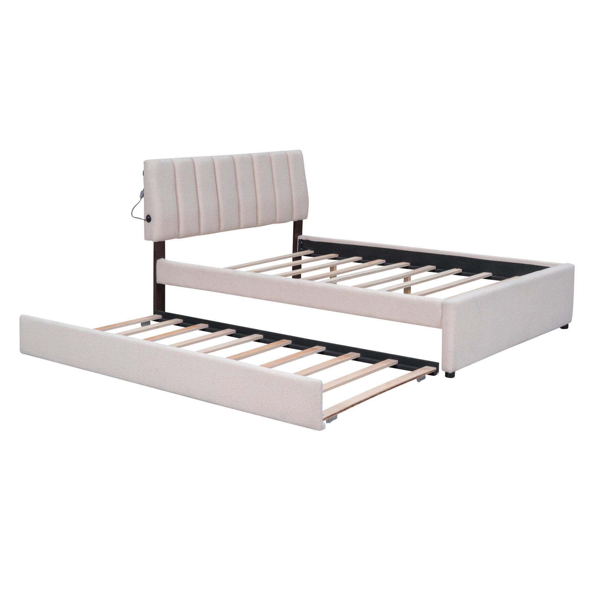 Full Size Upholstered Platform Bed With Twin Size Trundle - Beige - Image 8