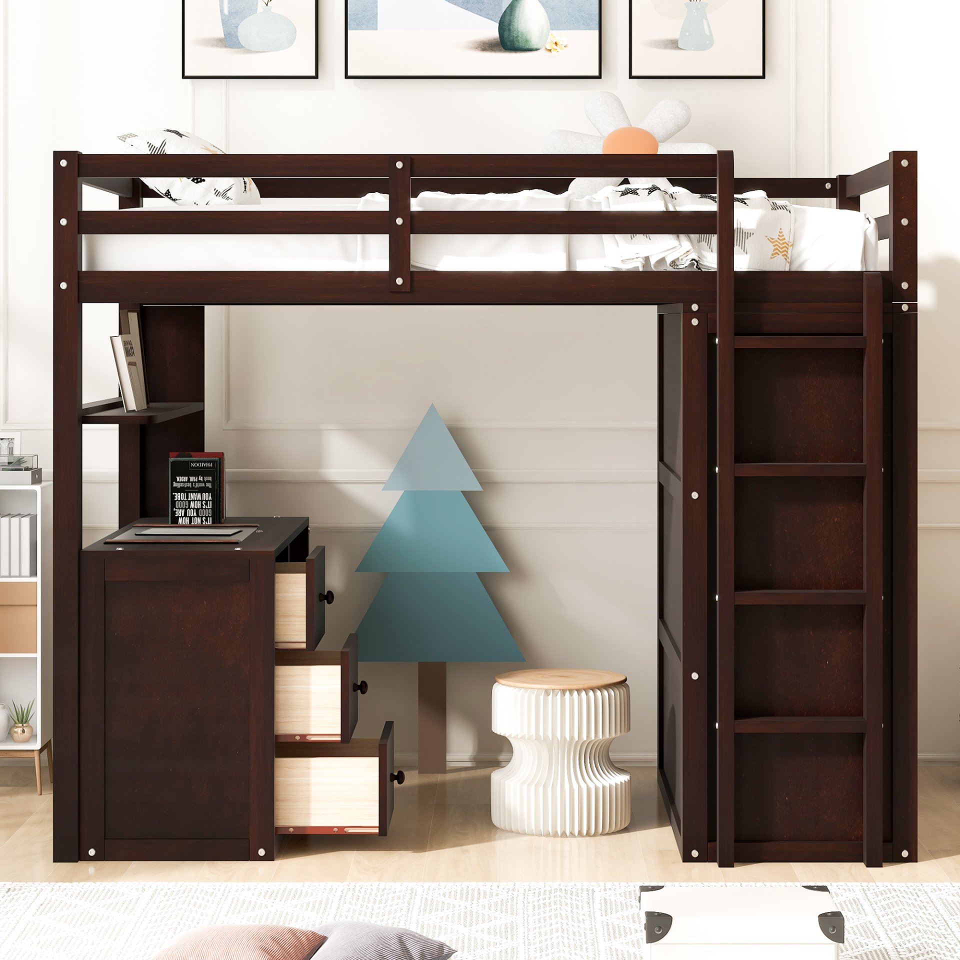 Twin Size Loft Bed With Drawers, Desk, And Wardrobe - Espresso - Image 2