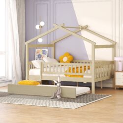 Full Size House Bed With Twin Size Trundle - Natural
