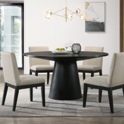 Jasper - 5 Piece Wide Contemporary Round Dining Table With Beige Fabric Chairs (Set of 5) - Black