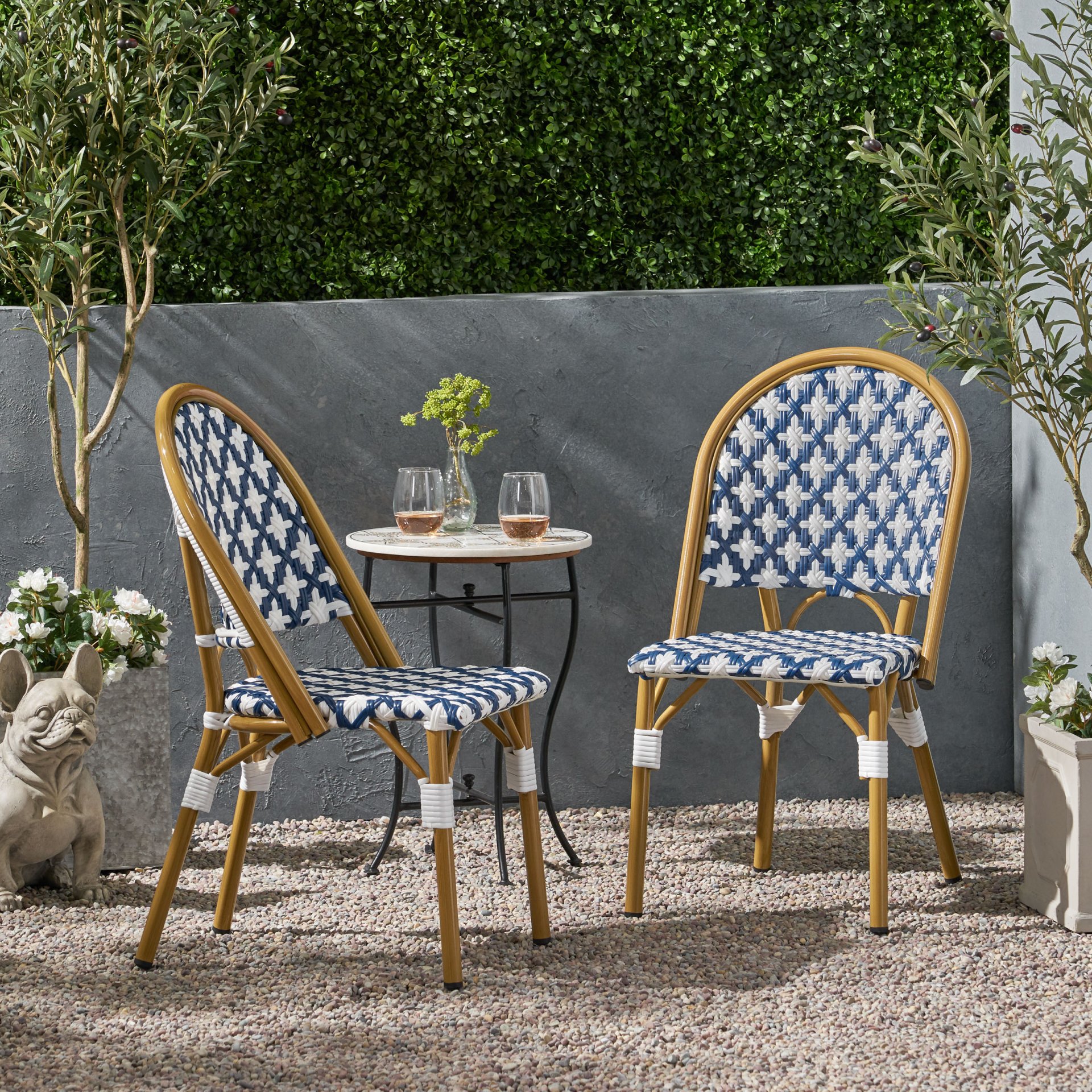 Elegant French Bistro Chair Set With Durable Aluminum Frame And Polyethylene Rattan - White / Navy - Image 2