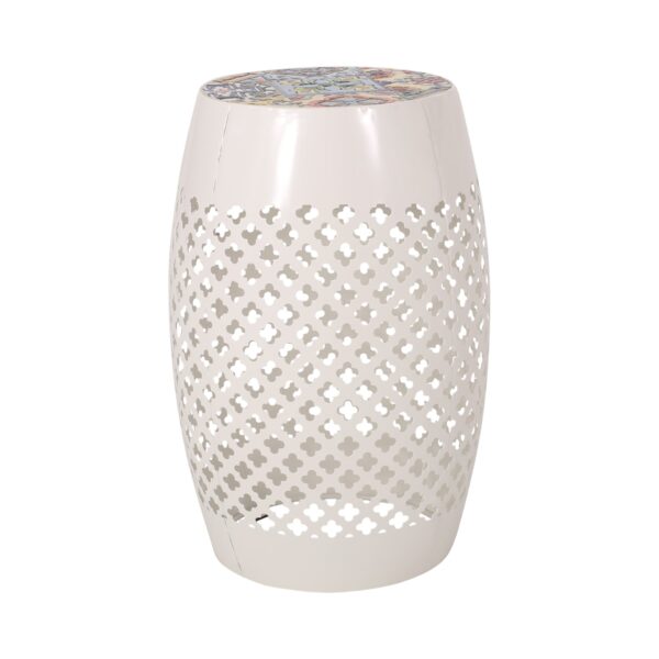 Transitional Roswell - Side Table With Tile Mosaic Top And Lace Cut Metal Frame - White