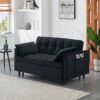 Modern Velvet Sofa, Sofa Pull-Out Bed, Small Love Seat Casual Sofa With Back, With Pillow, Pockets, Living Room Furniture, 3 In 1 Convertible Sleep Sofa Bed - Black - Image 3