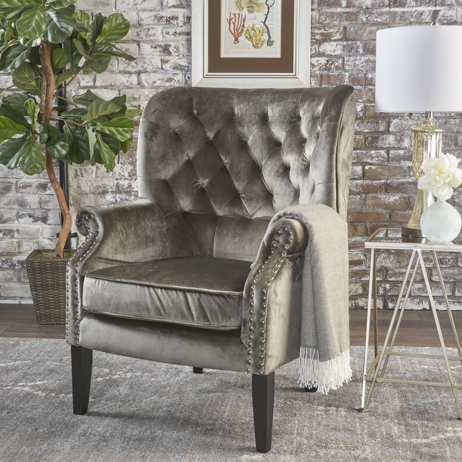 Elegant Velvet Club Chair With Handcrafted Details - Gray - Image 6