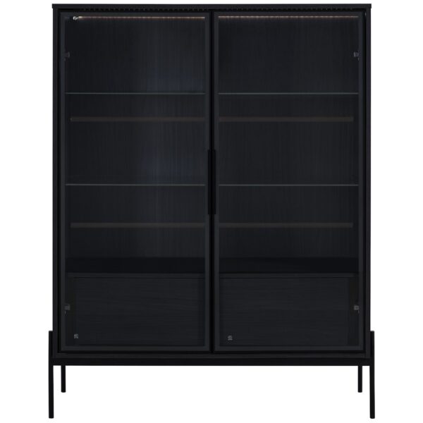 Modern Minimalist Style LED Curio Cabinet With Tempered Glass Door, Metal Legs - Black