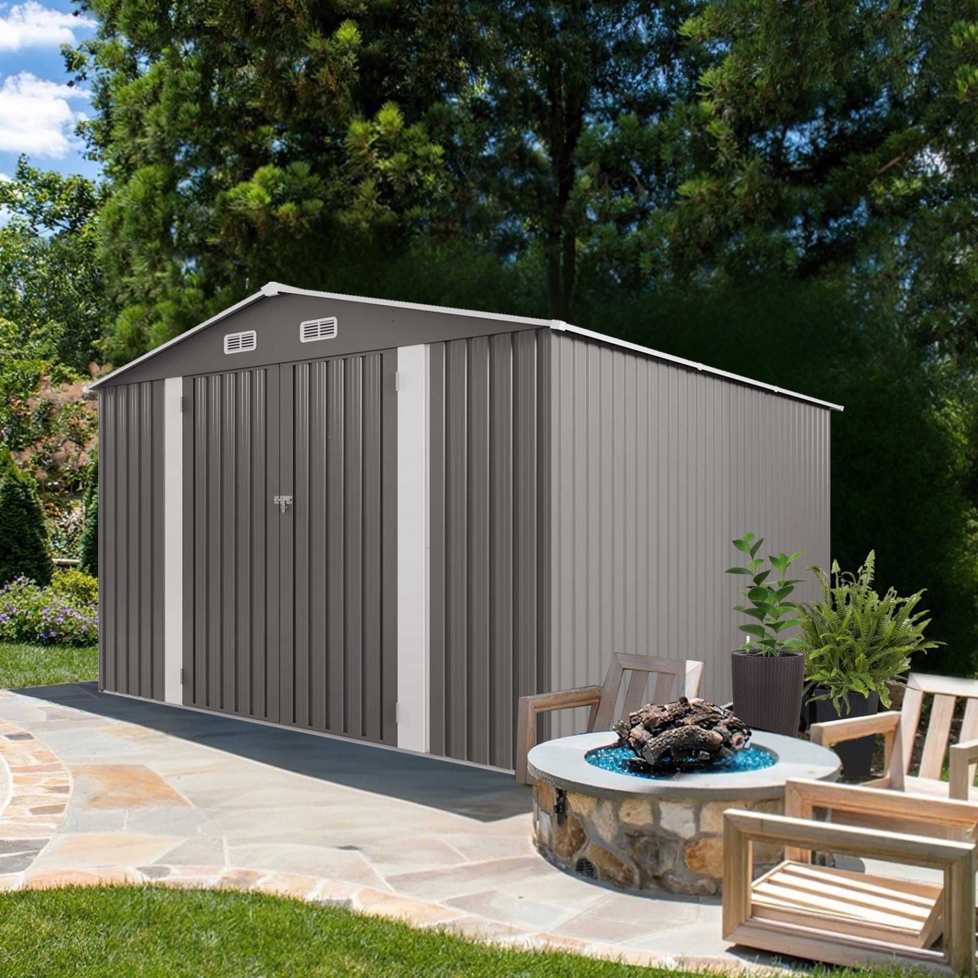 Large Metal Garden Shed With Double Door And Windows Waterproof Tool Shed - Gray - Image 10