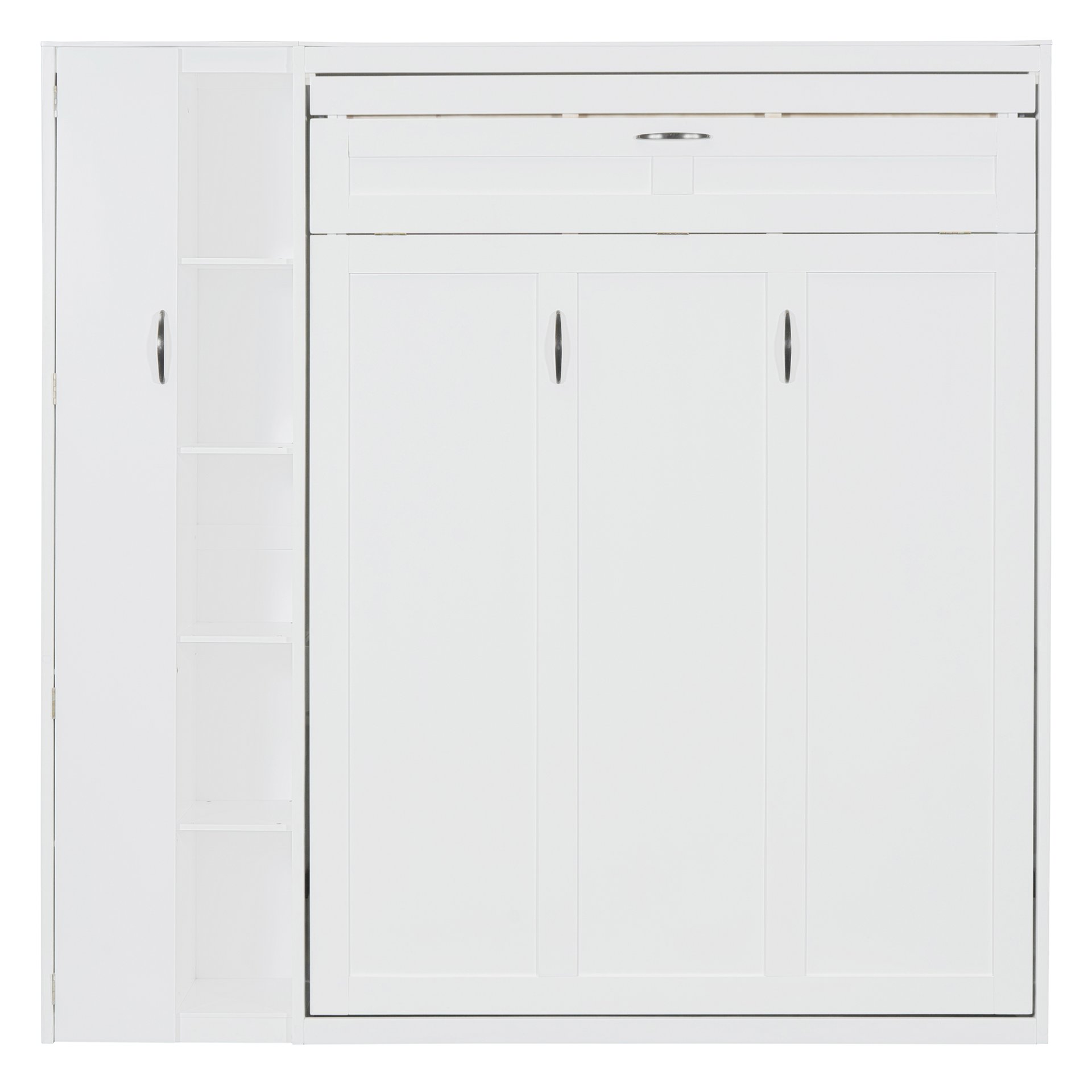 Full Size Murphy Wall Bed With Shelves, Wardrobe And LED Lights - White - Image 20