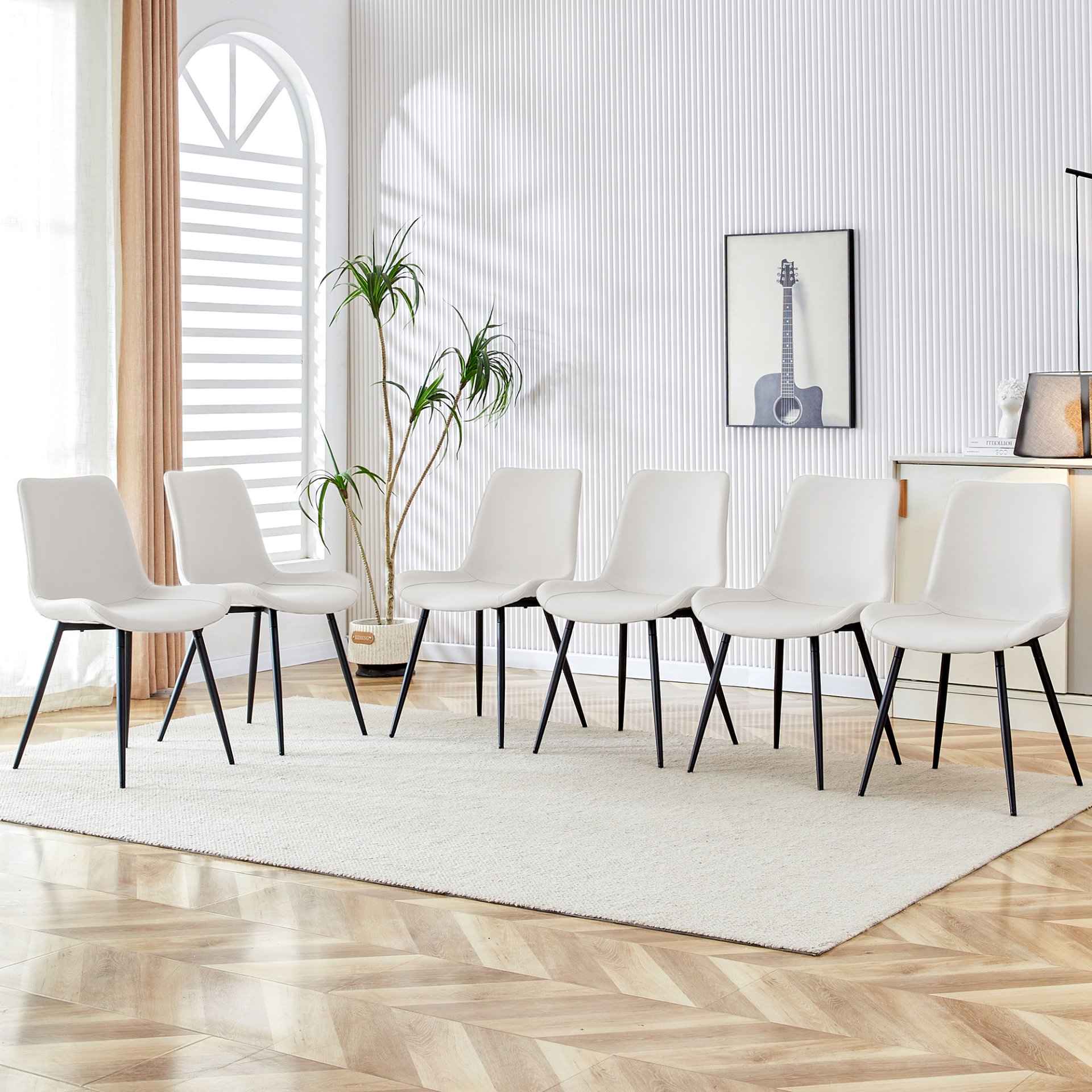 Artificial Dining Chair With Backrest Cushion Metal Legs, Comfort Curved Design, (Set of 6) - White / Black - Image 2