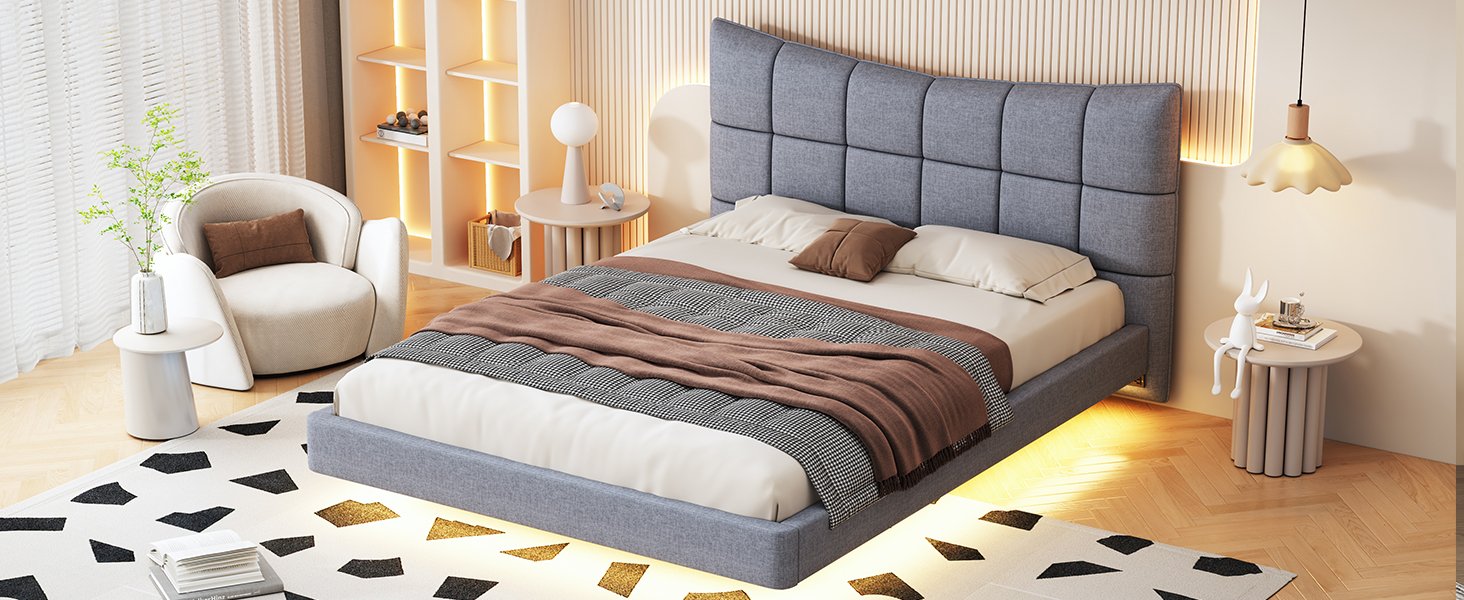 Full Size Upholstered Platform Bed With LED Lights, USB Ports And Outlets - Gray - Image 17