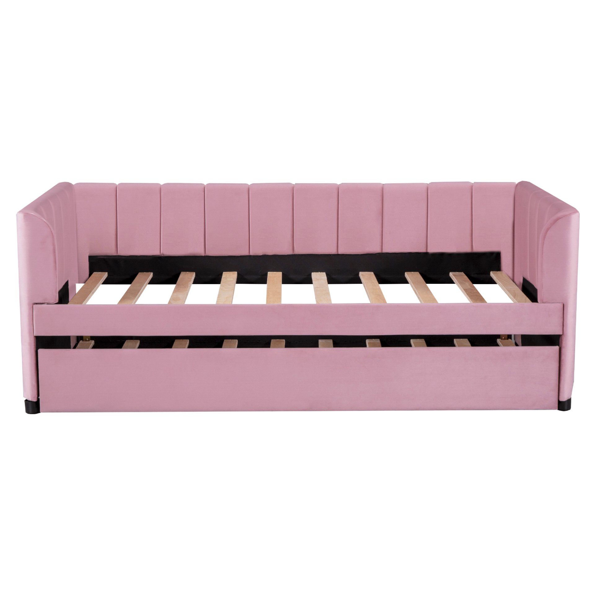 Twin Size Upholstered Daybed With Ergonomic Design Backrest And Trundle - Pink - Image 3