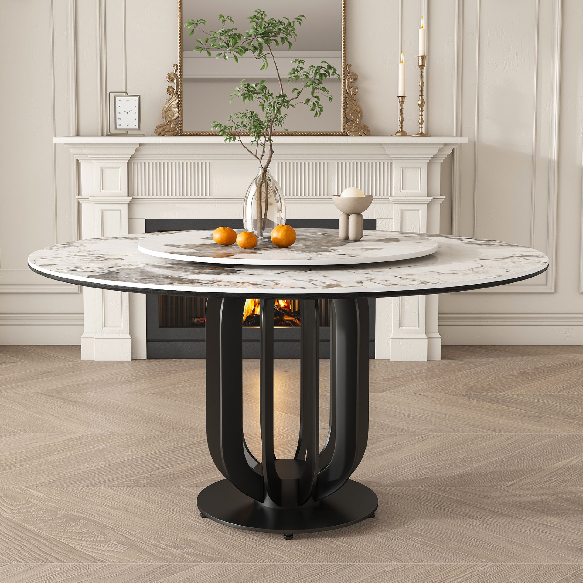 Round Dining Table With Carbon Steel Base And Lazy Susan Industrial Style - Black / White - Image 5