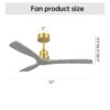 Indoor Ceiling Fan Without Light 3 Solid Wood Blades Remote Control Reversible Dc Motor - Gold - Image 3