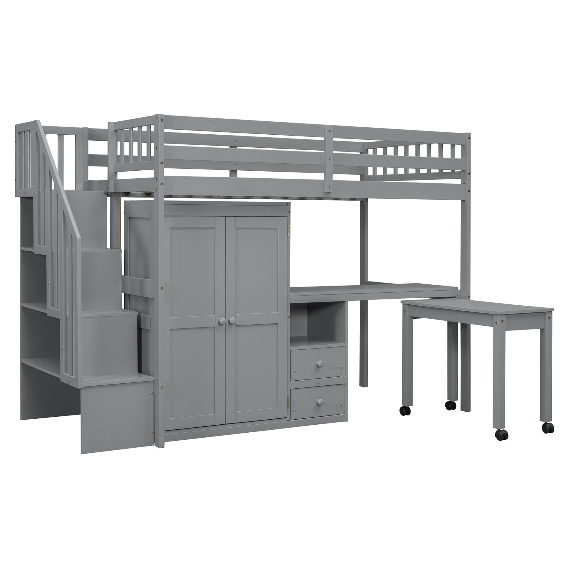 Twin Size Loft Bed With Stairs, Bookshelf, Drawers, Desk & Wardrobe, Space Saving Multifunctional Furniture - Gray - Image 12