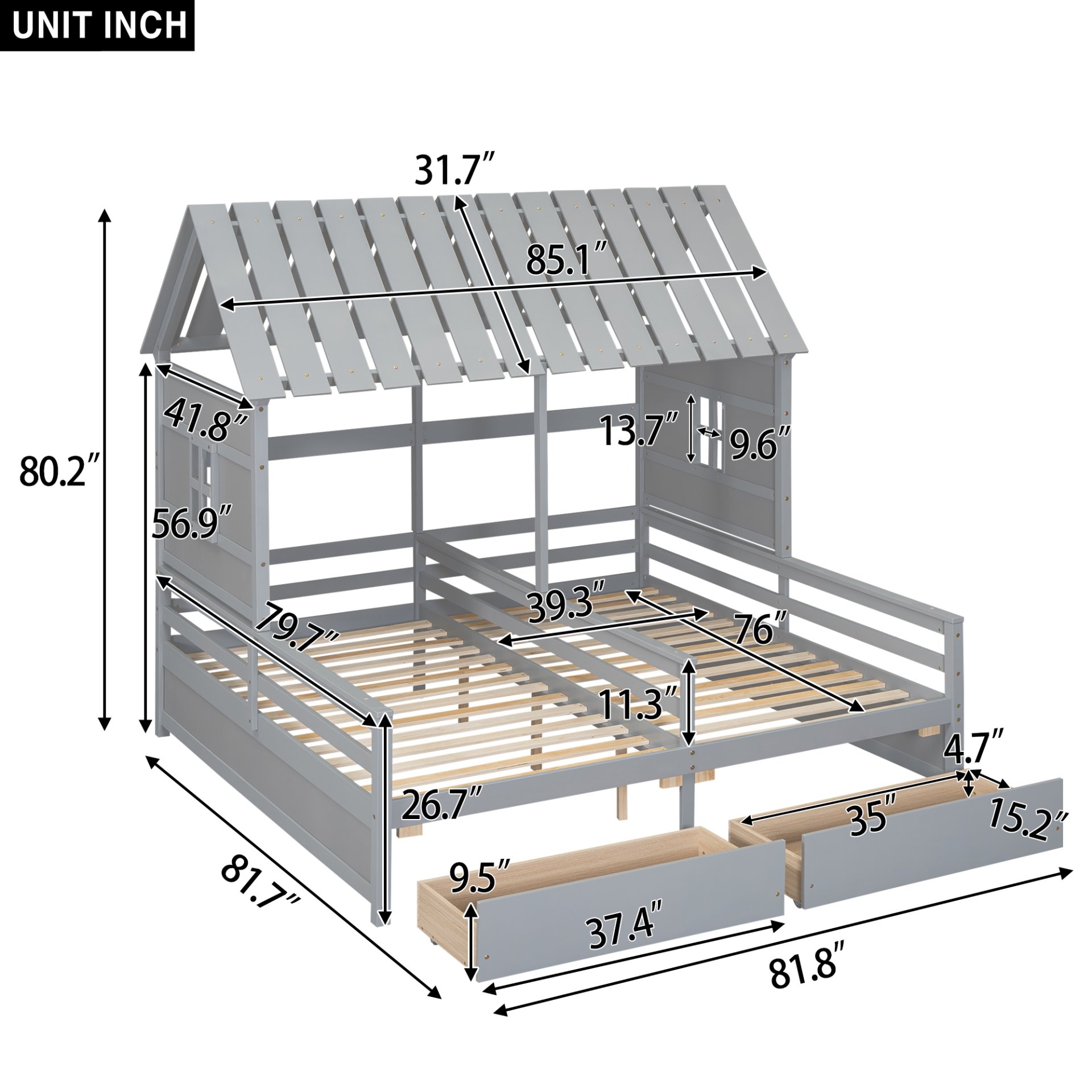 Twin Size House Platform Beds With 2 Drawers For Shared Use - Gray - Image 3