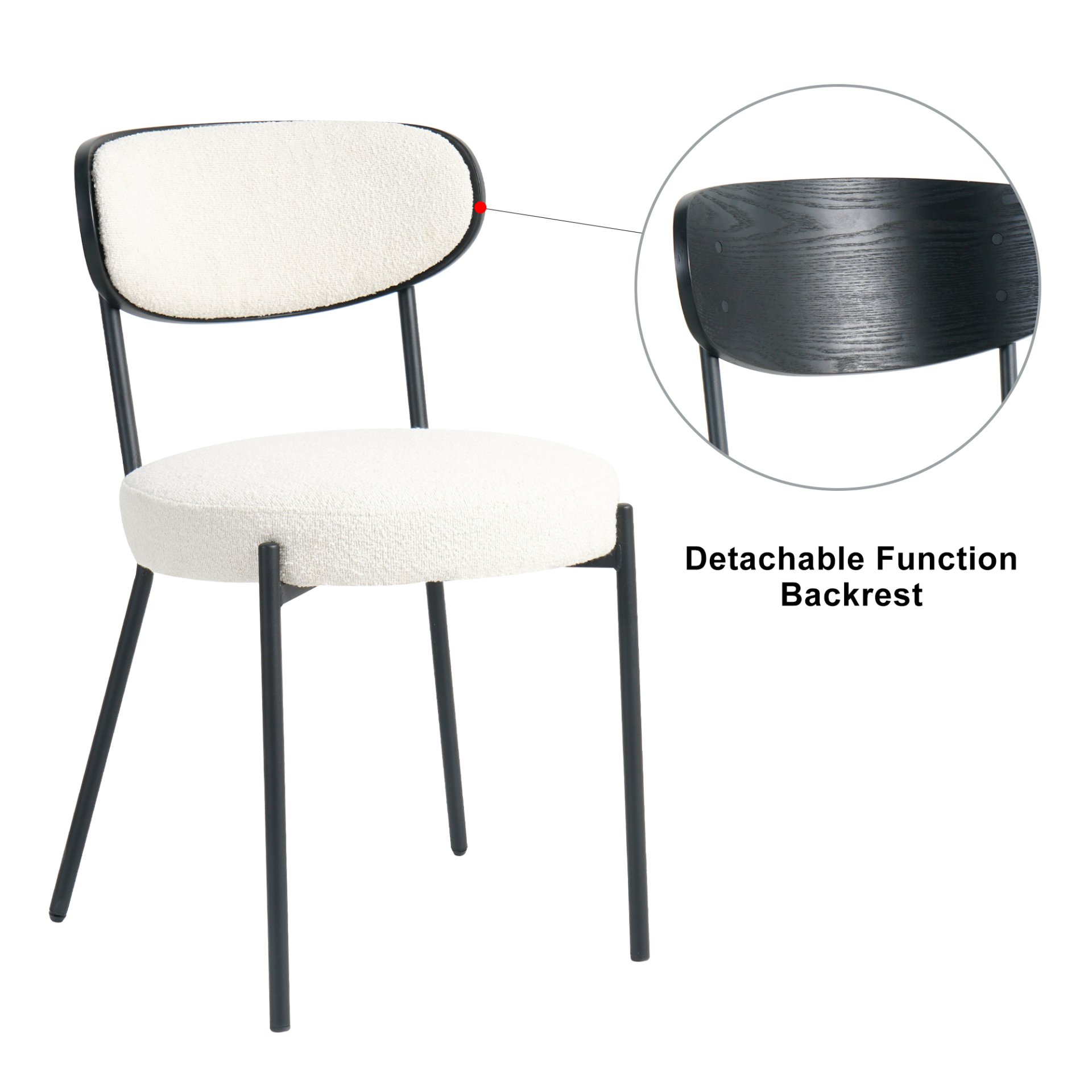 Boucle Modern Kitchen Dining Chair With Bentwood Ash Veneer Back And Black Metal Legs, (Set of 2) - Cream - Image 7