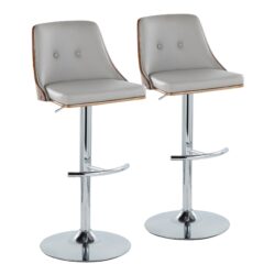 Gianna - Mid-Century Modern Adjustable Barstool With Swivel With Rounded T Footrest (Set of 2) - Chrome / Walnut / Light Gray