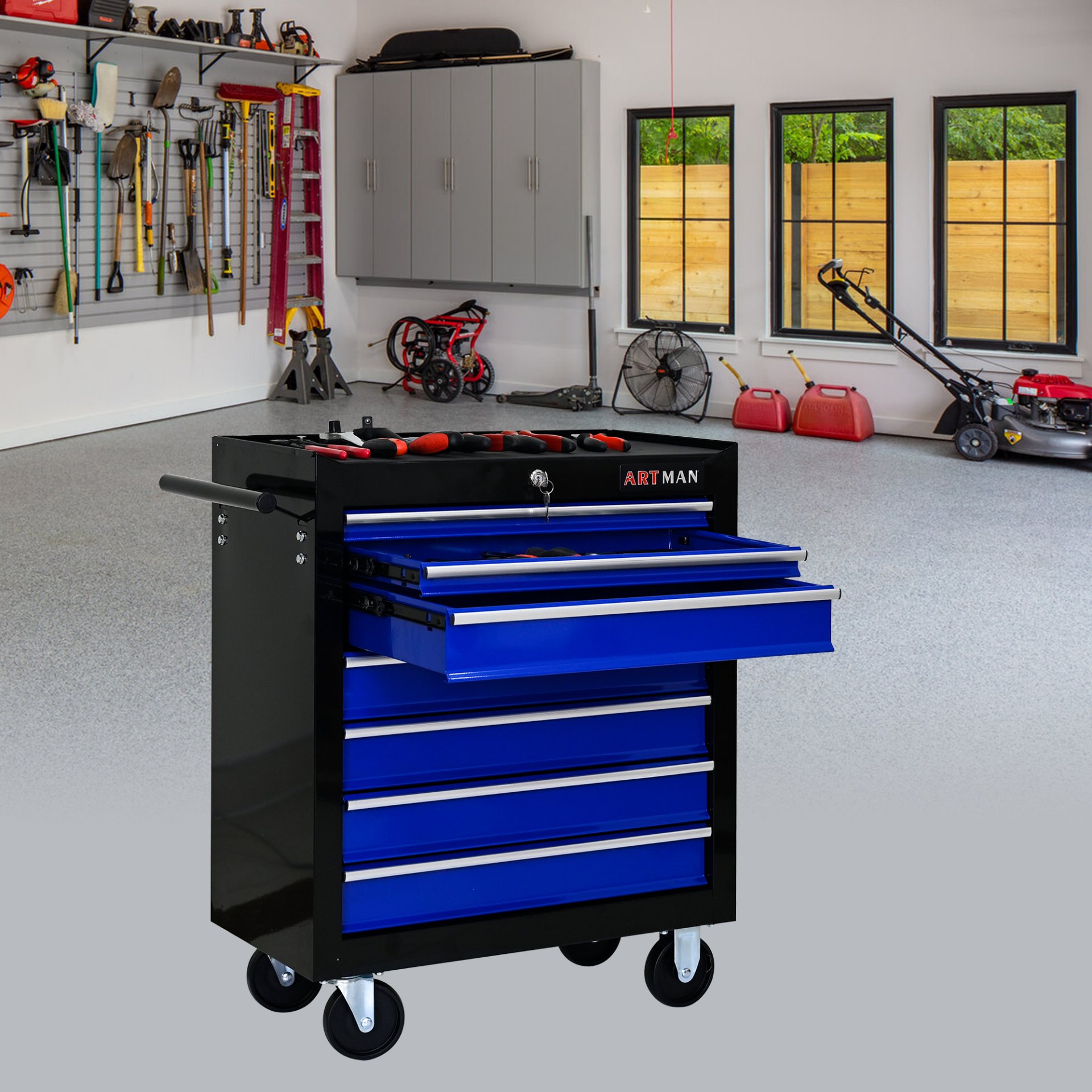 7 Drawers Multifunctional Tool Cart With Wheels - Black / Blue - Image 2