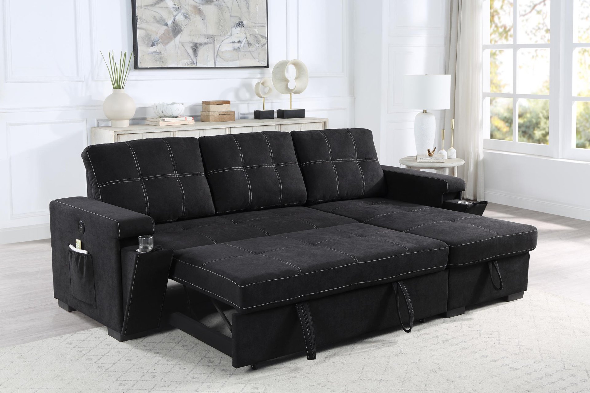 Toby - Reversible Sleeper Sectional Sofa With Storage Chaise Cup Holder Charging Ports And Pockets - Black - Image 2