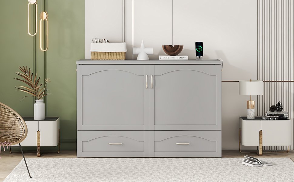Queen Size Murphy Wall Bed With Drawer And A Set Of Sockets & USB Ports, Pulley Structure Design - Gray - Image 13