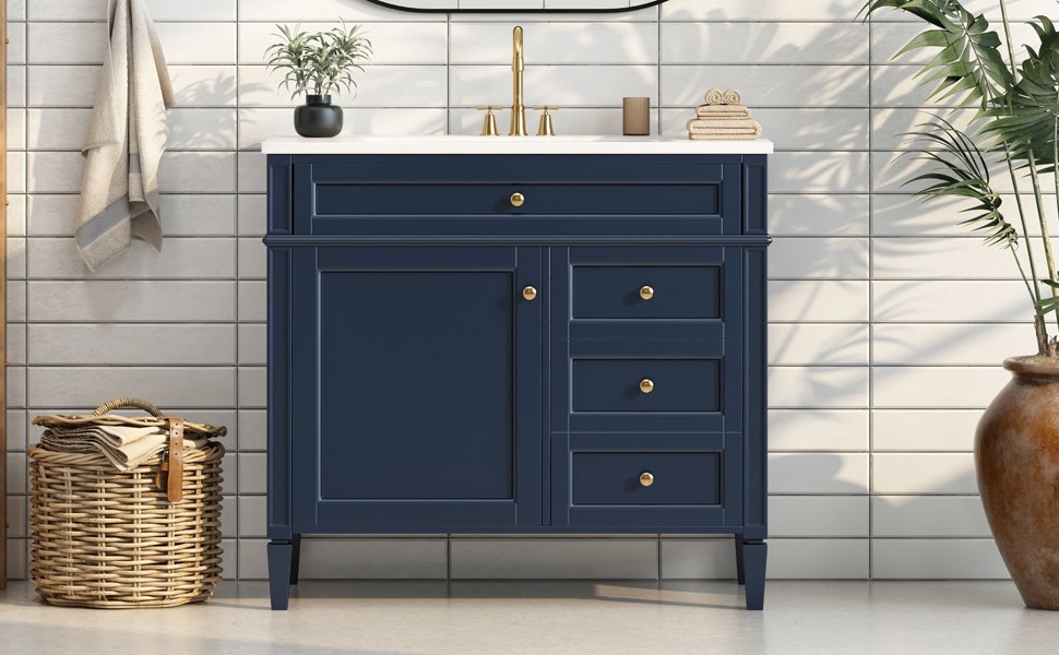 Bathroom Vanity With Top Sink, Modern Bathroom Storage Cabinet With 2 Drawers And A Tip-Out Drawer, Single Sink Bathroom Vanity - Blue - Image 16