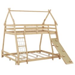 Twin Over Queen House Bunk Bed With Climbing Nets And Climbing Ramp - Natural