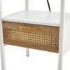 Rattan End Table With Power Outlet & USB Ports, Modern Nightstand With Drawer And Metal Legs, Side Table For Living Room, Bedroom (Set of 2) - White - Image 19