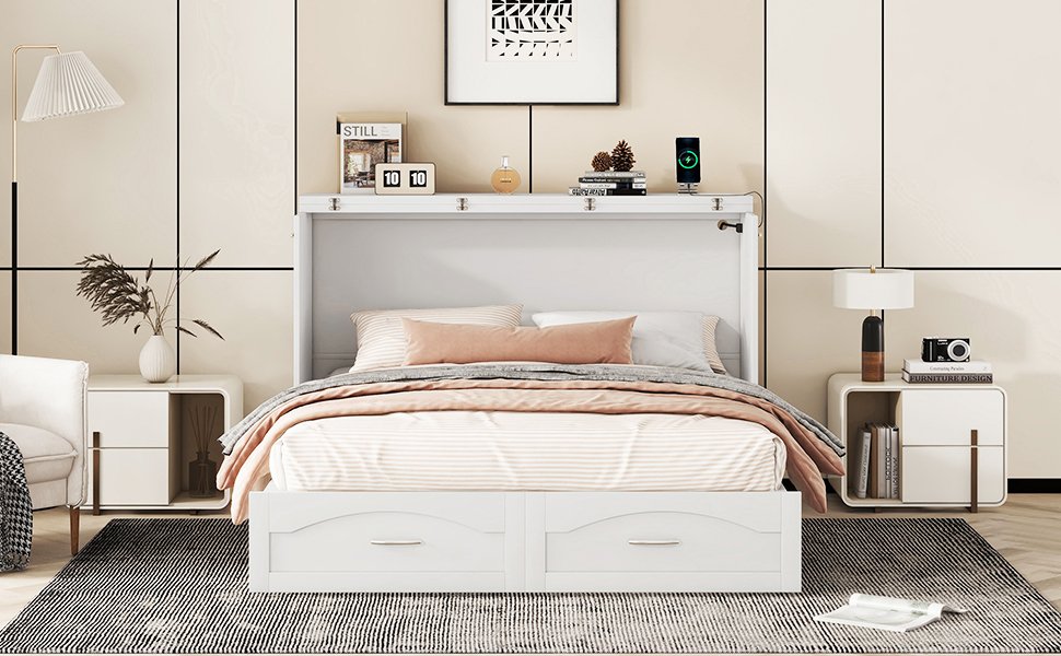 Queen Size Murphy Wall Bed With Drawer And A Set Of Sockets & USB Ports, Pulley Structure Design - White - Image 22